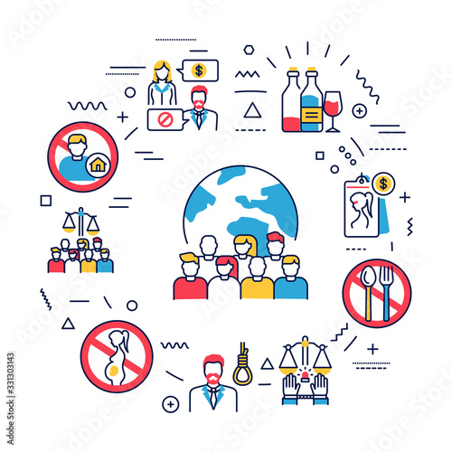 Social problems web banner. Infographics with linear icons on blue background. Creative idea concept. Isolated outline color illustration.
