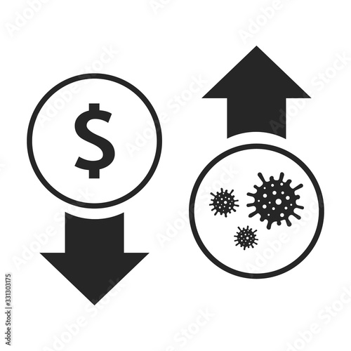 The spread of virus impacts the economy. Stock market down on coronavirus fears, Economy down with coronavirus 2019-nCov, Stock market crisis red price arrow down. Vector illustration, dollar down.