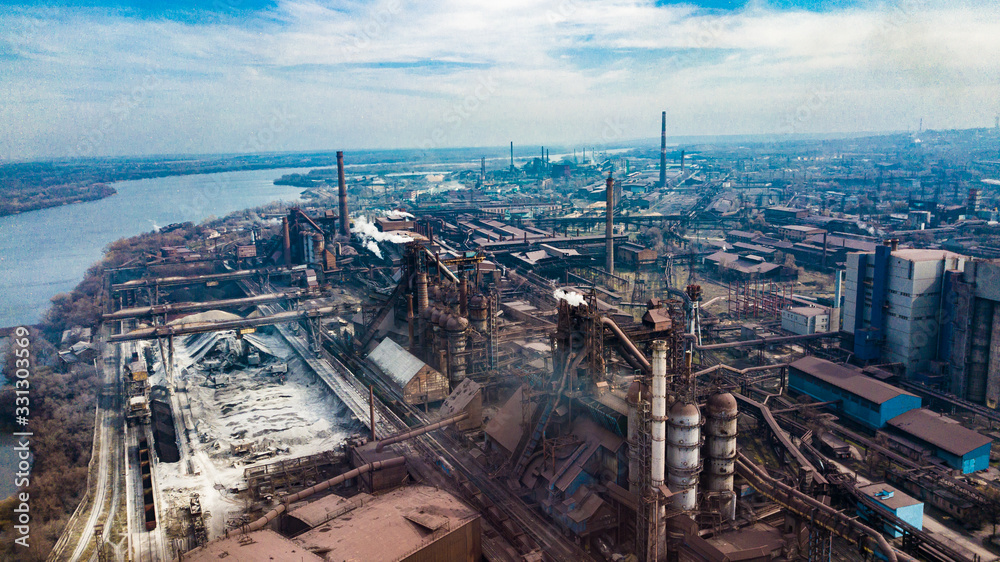 metallurgical production plant full cycle smoke from pipes bad ecology aerial photography