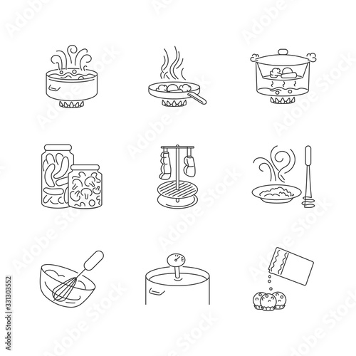 Food preparation pixel perfect linear icons set. Different cooking techniques, meal making process customizable thin line contour symbols. Isolated vector outline illustrations. Editable stroke