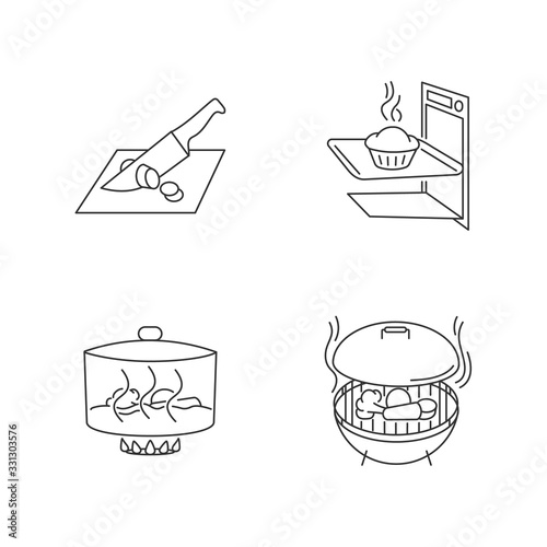 Cooking methods pixel perfect linear icons set. Cutting, baking, stewing and grilling customizable thin line contour symbols. Isolated vector outline illustrations. Editable stroke
