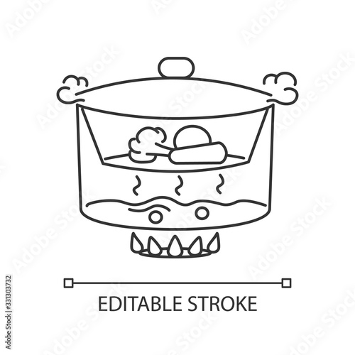 Steaming pixel perfect linear icon. Thin line customizable illustration. Meal preparation, culinary technique contour symbol. Steamer with vegetables vector isolated outline drawing. Editable stroke
