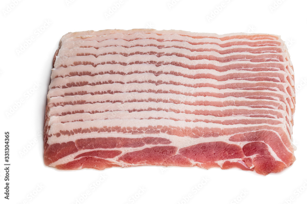 Rows of raw sliced smoked bacon isolated on white