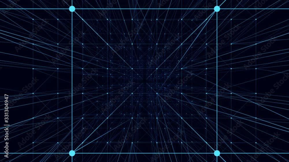 Abstract 3D screensaver. Animated plexus background. The shape of points and lines rotates. A looped video footage. Blue tint.4K.