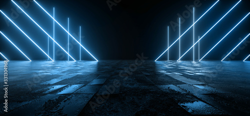 Fototapeta Naklejka Na Ścianę i Meble -  Cosmic Sci Fi Futuristic Pantone Blue Neon Modern Laser Grunge Rough Cement Tiled Concrete Floor Triangle Shaped Lights VIbrant Electric Cyber Virtual 3D Rendering