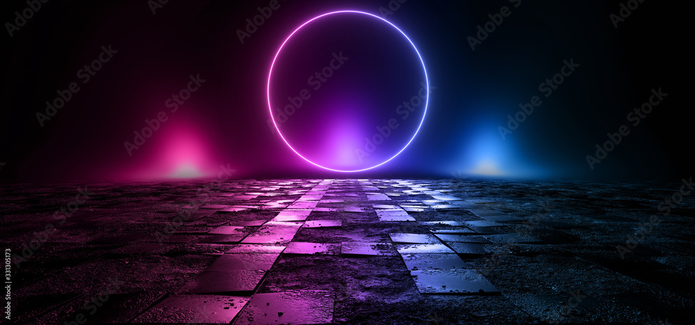 Obraz premium Cosmic Sci Fi Futuristic Circle Round Neon Modern Laser Grunge Rough Cement Tiled Concrete Floor Shaped Lights VIbrant Electric Cyber Virtual 3D Rendering