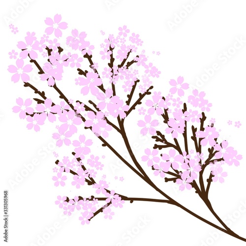 Sprig with cherry flowers. Pink twig of Japanese sakura on a white background. Seamless pattern (background). Abstract illustration of a tender pink color on white. Textures for printing on fabric, po