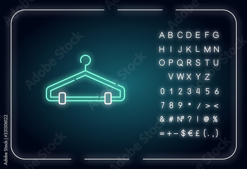 Hanger neon light icon. Clothes rack, clothing hook, wardrobe item, empty cloakroom attribute. Outer glowing effect. Sign with alphabet, numbers and symbols. Vector isolated RGB color illustration