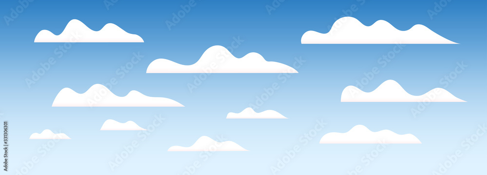 Naklejka Cloud set. Cartoon white clouds on blue sky. Stylized Design elements collection