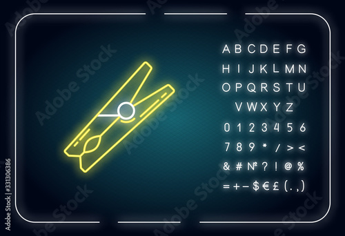 Clothes pin neon light icon. Wooden clothespin, clothing clamp, clean garment drying tool. Outer glowing effect. Sign with alphabet, numbers and symbols. Vector isolated RGB color illustration