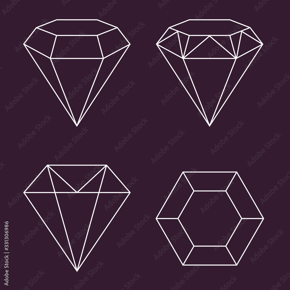 Set of white geometric diamond vector icons on a dark background. Vector illustration. Decoration design. Set of white geometric diamond vector icons on a dark background. Vector illustration. Decoration design.