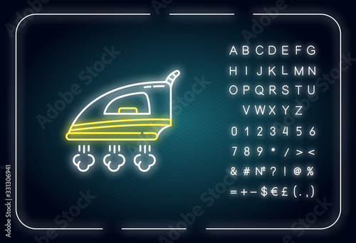 Ironing neon light icon. Laundry service, flatiron, fabric care. Smoothing iron with steam. Outer glowing effect. Sign with alphabet, numbers and symbols. Vector isolated RGB color illustration