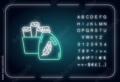 Fabric softener neon light icon. Cleaning product, laundry detergent conditioner bottle. Outer glowing effect. Sign with alphabet, numbers and symbols. Vector isolated RGB color illustration