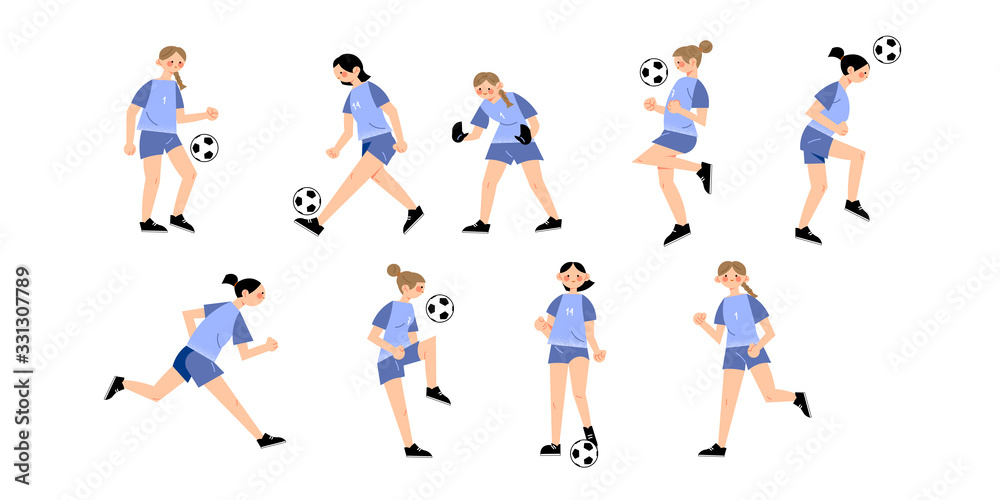 Set of women s soccer team wearing blue uniforms in different action poses. Vector illustration in flat cartoon style.