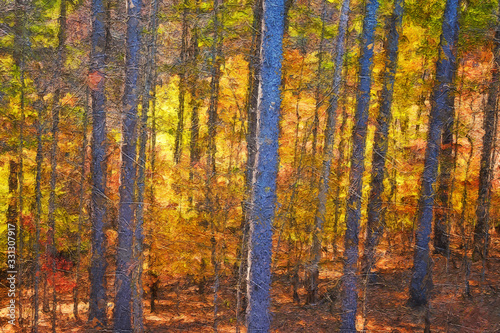 Impressionistic Style Artwork of Autumn Colors Hidden Deep in the Green Forest