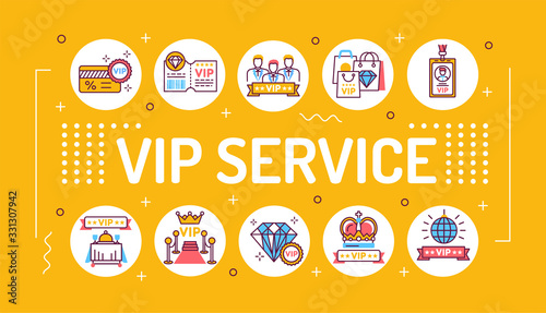 Vip service word lettering typography. Infographics with linear icons on white background. Creative idea concept. Isolated outline color illustration