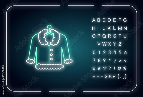 Coat on hanger neon light icon. Outerwear washing, laundry service. Fur delicate dry cleaning. Outer glowing effect. Sign with alphabet, numbers and symbols. Vector isolated RGB color illustration