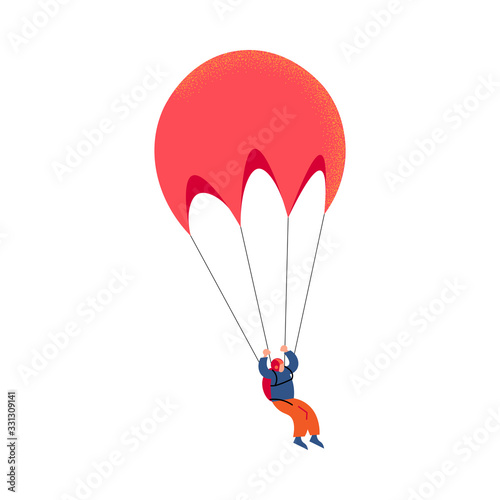 Parachute jumper in orange pants flying with the red parachute. Vector illustration in a flat cartoon style.