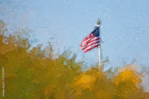 Bild auf Leinwand Impressionistic Style Artwork of an American Flag Standing Proudly Beyond The Hi