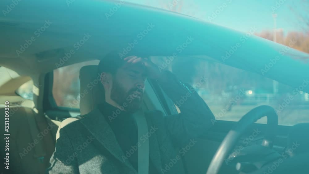 Close up man gets in the car coughs removes Protective Face Mask COVID-19 coronavirus sick infection pandemic disease virus male tourist epidemic air health illness slow motion