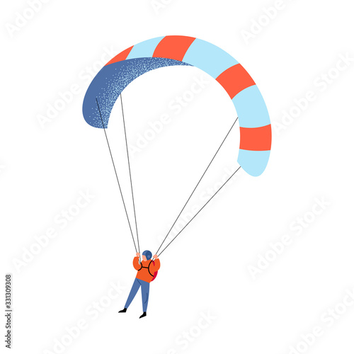 Parachute jumper in blue pants flying with the striped colorful parachute. Vector illustration in a flat cartoon style.