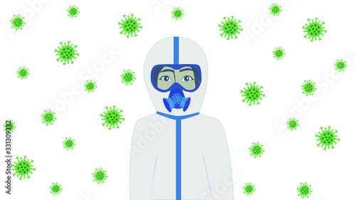 Epidemic of the Chinese coronavirus. Asian woman in bacteriological protection suit and protective mask portrait, virus in the air. Biological hazard. Coronavirus cells background