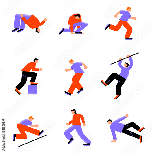 Set of various parkour young men running and jumping in different action poses. Vector illustration in flat cartoon style.