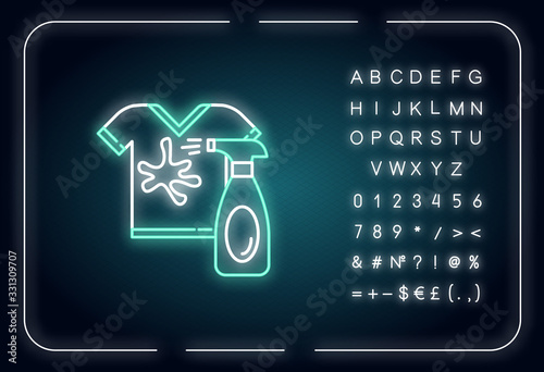 Stain removal neon light icon. Laundry, launderette, dry cleaning service. Spray detergent. Outer glowing effect. Sign with alphabet, numbers and symbols. Vector isolated RGB color illustration
