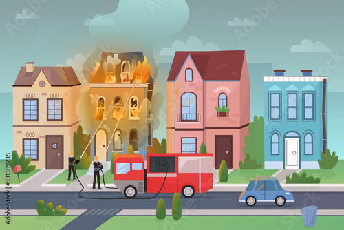 City street landscape at disaster massive fire flat cartoon vector illustration panorama. Firemen fight with flame by water stream from special truck. Burning building damages too much. Poster, banner