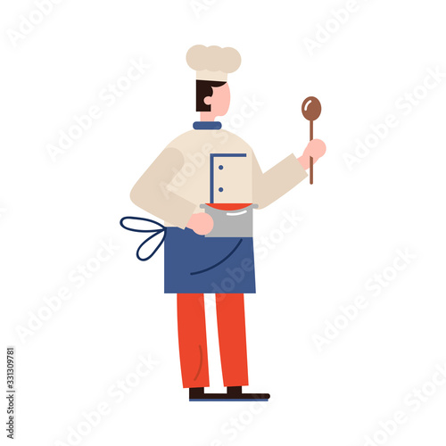 Chef-cook character holds a ladle and carrying a meal on a silver saucepan. Vector illustration in flat cartoon style.