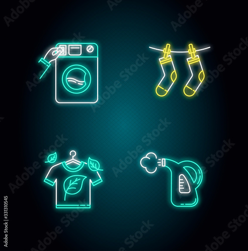 Washing clothes neon light icons set. Washateria, coin laundry, steam cleaning service. Eco dry cleaning and outdoor drying. Signs with outer glowing effect. Vector isolated RGB color illustrations