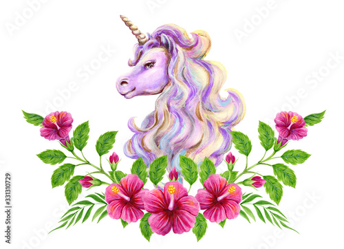 Dekoracja na wymiar  portrait-mythical-unicorn-with-luxurious-mane-floral-ornament-of-roses-hibiscus-watercolor-and-acrylic-painting-hand-drawn-illustration