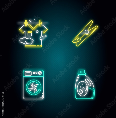 Clothes cleaning items neon light icons set. Clothing washing and drying. Washer and laundry detergent, pin and clothesline. Signs with outer glowing effect. Vector isolated RGB color illustrations