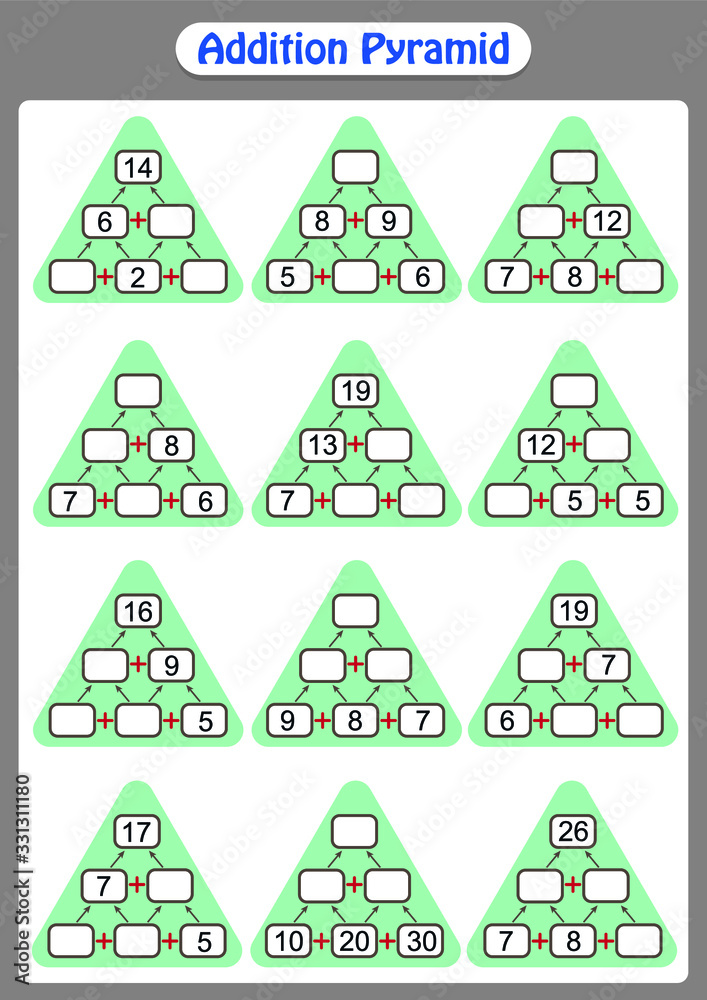 Maths Pyramids for Mental Maths Practice, complete the missing numbers, math worksheet for kids. Maths Pyramids for Mental Maths Practice, complete the missing numbers, math worksheet for kids.