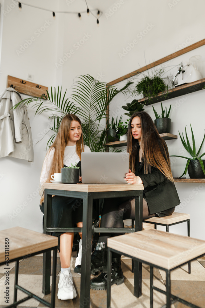 Two businesswomen in formal casual wear work on a laptop in a cozy cafe with a Scandinavian interior, looking with a serious face at the laptop screen and discussing business issues. Vertical Two businesswomen in formal casual wear work on a laptop in a cozy cafe with a Scandinavian interior, looking with a serious face at the laptop screen and discussing business issues. Vertical