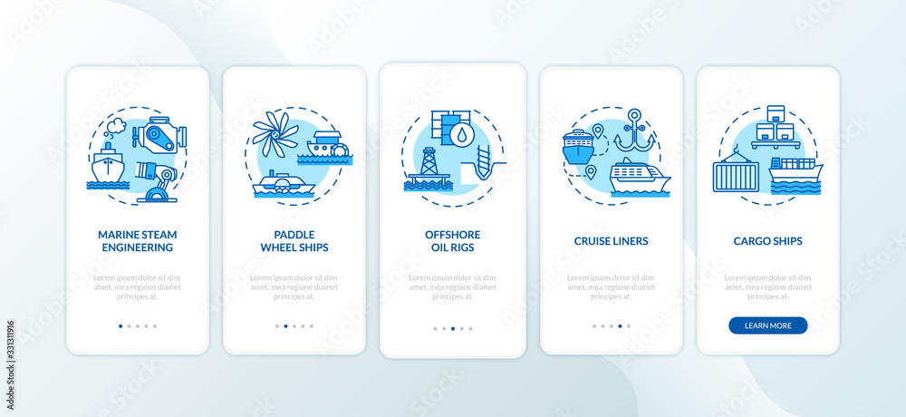 Marine engineering onboarding mobile app page screen with concepts set. Logistic and on water shipment walkthrough 5 steps graphic instructions. UI vector template with RGB color illustrations