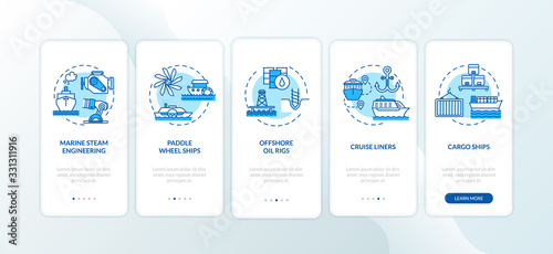 Marine engineering onboarding mobile app page screen with concepts set. Logistic and on water shipment walkthrough 5 steps graphic instructions. UI vector template with RGB color illustrations