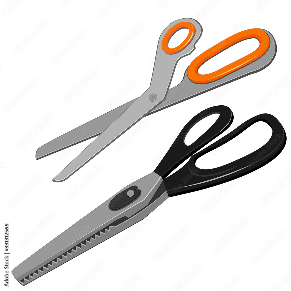 Large tailor scissors for sewing with orange handles and scissors with zigzag blades with black handles. Large tailor scissors for sewing with orange handles and scissors with zigzag blades with black handles.