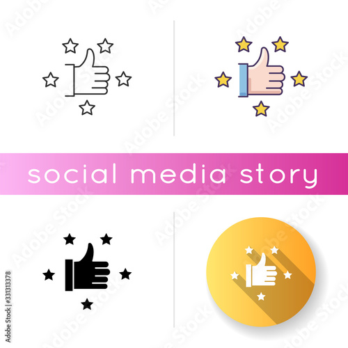 Recommendation icon. Thumbs up. Five star. Review rate. Customer satisfaction level. Approve of client service. Top quality. Linear black and RGB color styles. Isolated vector illustrations