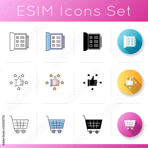 Lifestyle icons set. Work list in ipen notebook. Recommendation and review rating. Shopping cart. Grocery checkout. Linear, black and RGB color styles. Isolated vector illustrations