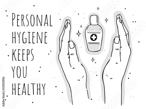 Illustration of a hand and a pocket sanitizer. Call for the use of a disinfectant gel. Monochrome image on a white background.