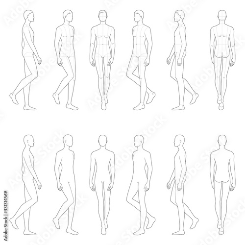 Fashion template of 12 walking men. 