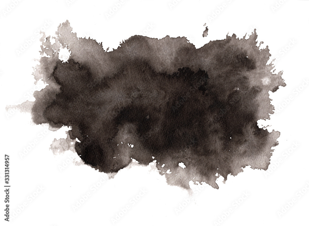 Abstract expressive textured black ink or watercolor stain. Monochrome gradient dynamic isolated inky horizontal blob, dark thunderous cloud concept for texture, black friday banner design, background - obrazy, fototapety, plakaty 