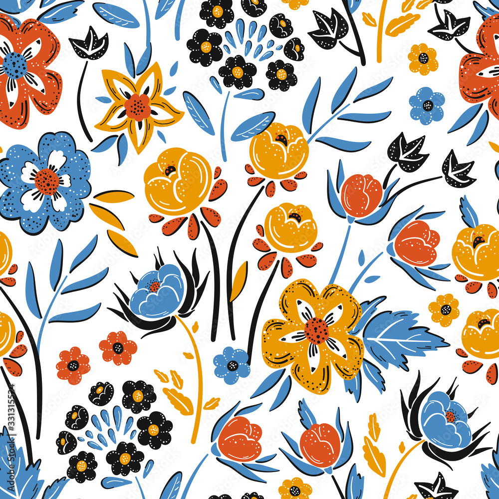 Bright Flower Bouquet of Wildflowers. Vector Floral Seamless Pattern. Beautiful Flowers and Leaves Colorful Background. Ditsy Floral Print. Summer and Spring Nature Wallpaper