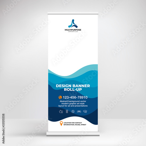 Banner design, roll-up stand for advertising, conferences, seminars, poster template for placing photos and text. Creative background for presentation	