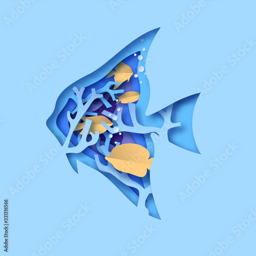Paper cut fish with coral reef sea water life save the ocean concept