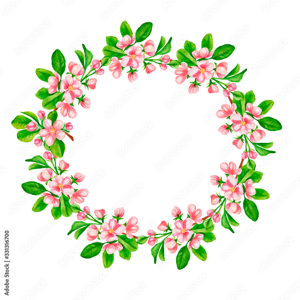wreath in a frame of pink Apple flowers on a white background