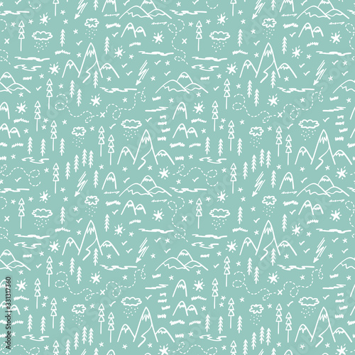 Camping Nature Vector Background for Kids. Cartoon Mountain and Forest Area Map Seamless Pattern. Hand Drawn Doodle Mountains, Hills, Trees, Hiking Trails and Night Starry Sky