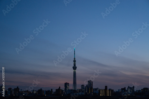 夕焼けの荒川から見えるスカイツリー photo