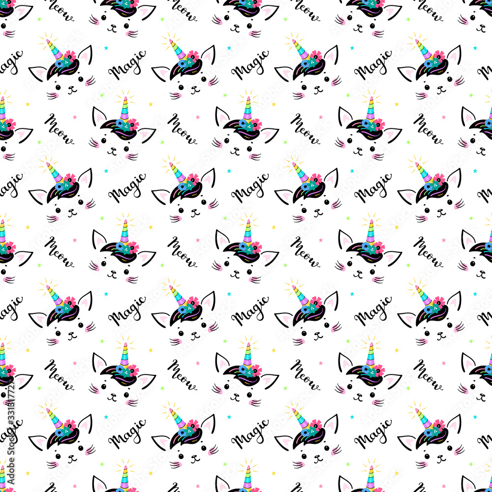 Cute Unicorn Cat Head with Floral Wreath and Lettering Seamless Pattern for Kids. Magic Caticorn, Kittycorn Nursery Wallpaper. Magical Kitten Face with Flower Unicorn Horn and Funny Hair Bangs